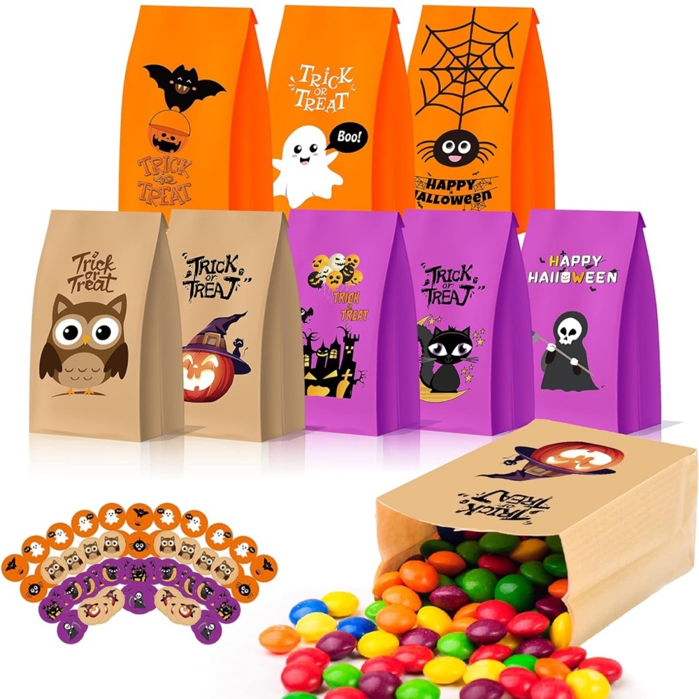 56 PCS Halloween Candy Paper Bags with Stickers, Treat Bags 8.7"x4.7"x3.2"